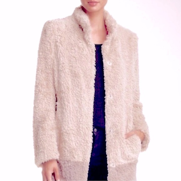 Kenneth Cole New York Faux Fur Teddy Jacket Cozy Cream & Tan Colorblock Peacoat - Picture 1 of 13